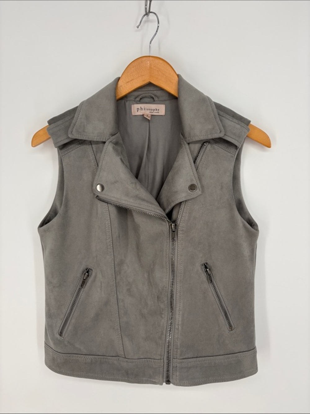 🦭 Philosophy Gray faux Suede Moto Vest